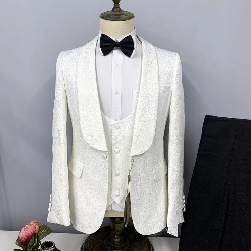Hot Selling Men Suits Pattern and Black Groom Tuxedos Shawl Satin Lapel Groomsmen Wedding Best Man ( Jacket+Pants+Vest+Tie) C691 - SHOWLU FASHION STORE