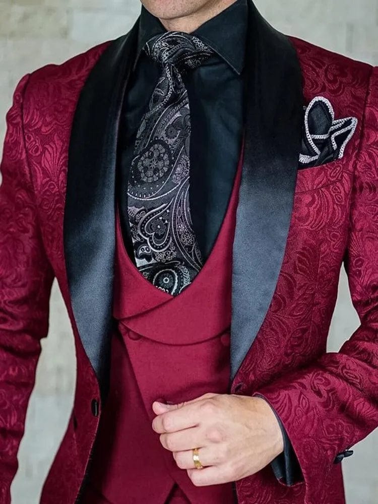 Hot Selling Men Suits Pattern and Black Groom Tuxedos Shawl Satin Lapel Groomsmen Wedding Best Man ( Jacket+Pants+Vest+Tie) C691 - SHOWLU FASHION STORE