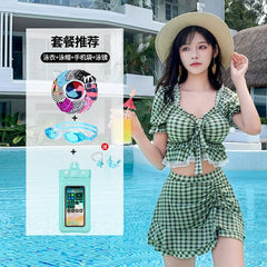 Hot Spring Bathing Swimsuit Female Split Two - Piece Suit Conservative Skirt Boxer Gathering Small Chest Girl Swimsuit Ins Style - SHOWLU FASHION STORE