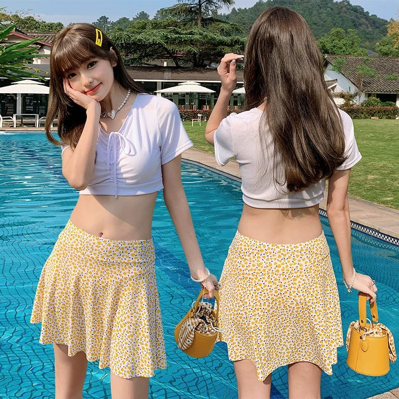 Hot Spring Bathing Swimsuit Female Split Two - Piece Suit Conservative Skirt Boxer Gathering Small Chest Girl Swimsuit Ins Style - SHOWLU FASHION STORE