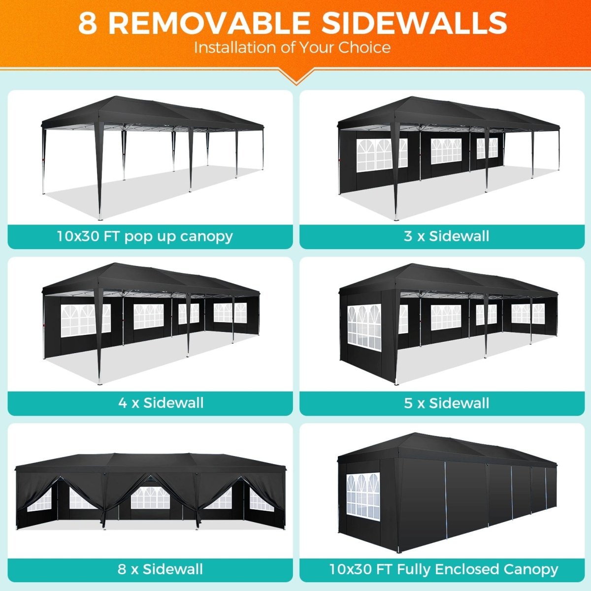 Hoteel 10x30Party Pop Up Canopy Tent, Removable Canopy Tent with 8 Side Walls, Waterproof Commercial Instant Shelter Tent for Weddings, Patio with Tote Bag and 4 Sandbags - SHOWLU FASHION STORE