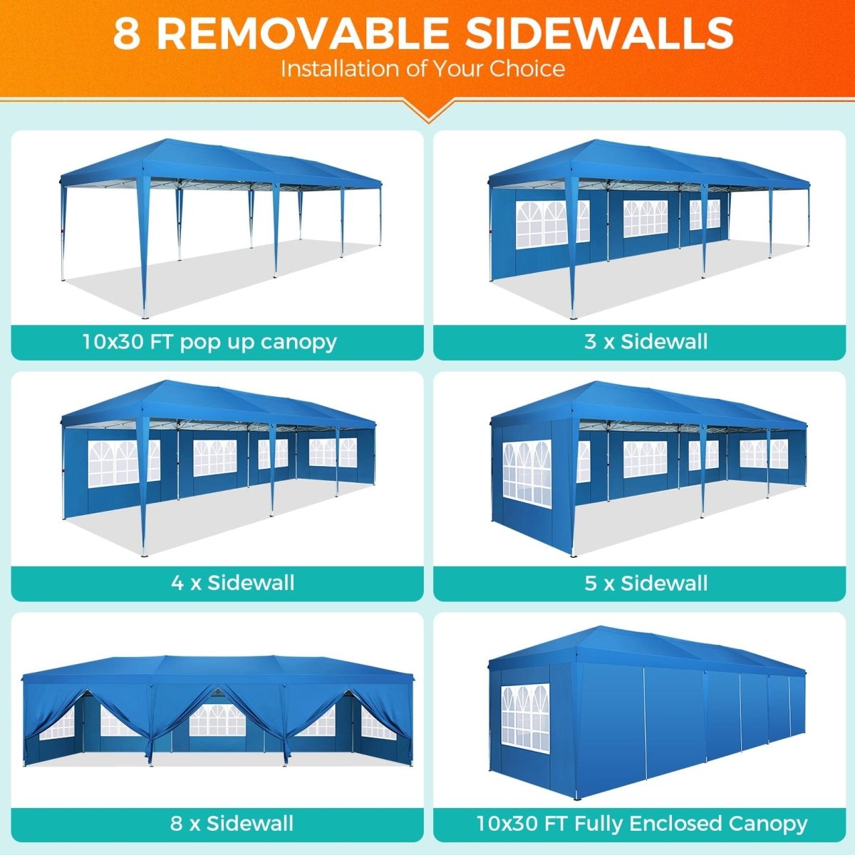 Hoteel 10x30Party Pop Up Canopy Tent, Removable Canopy Tent with 8 Side Walls, Waterproof Commercial Instant Shelter Tent for Weddings, Patio with Tote Bag and 4 Sandbags - SHOWLU FASHION STORE