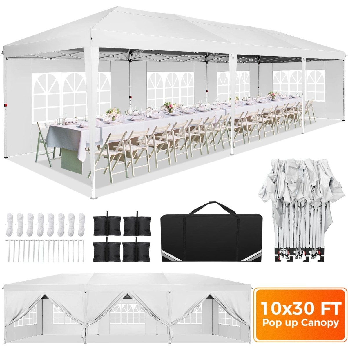 Hoteel 10x30Party Pop Up Canopy Tent, Removable Canopy Tent with 8 Side Walls, Waterproof Commercial Instant Shelter Tent for Weddings, Patio with Tote Bag and 4 Sandbags - SHOWLU FASHION STORE