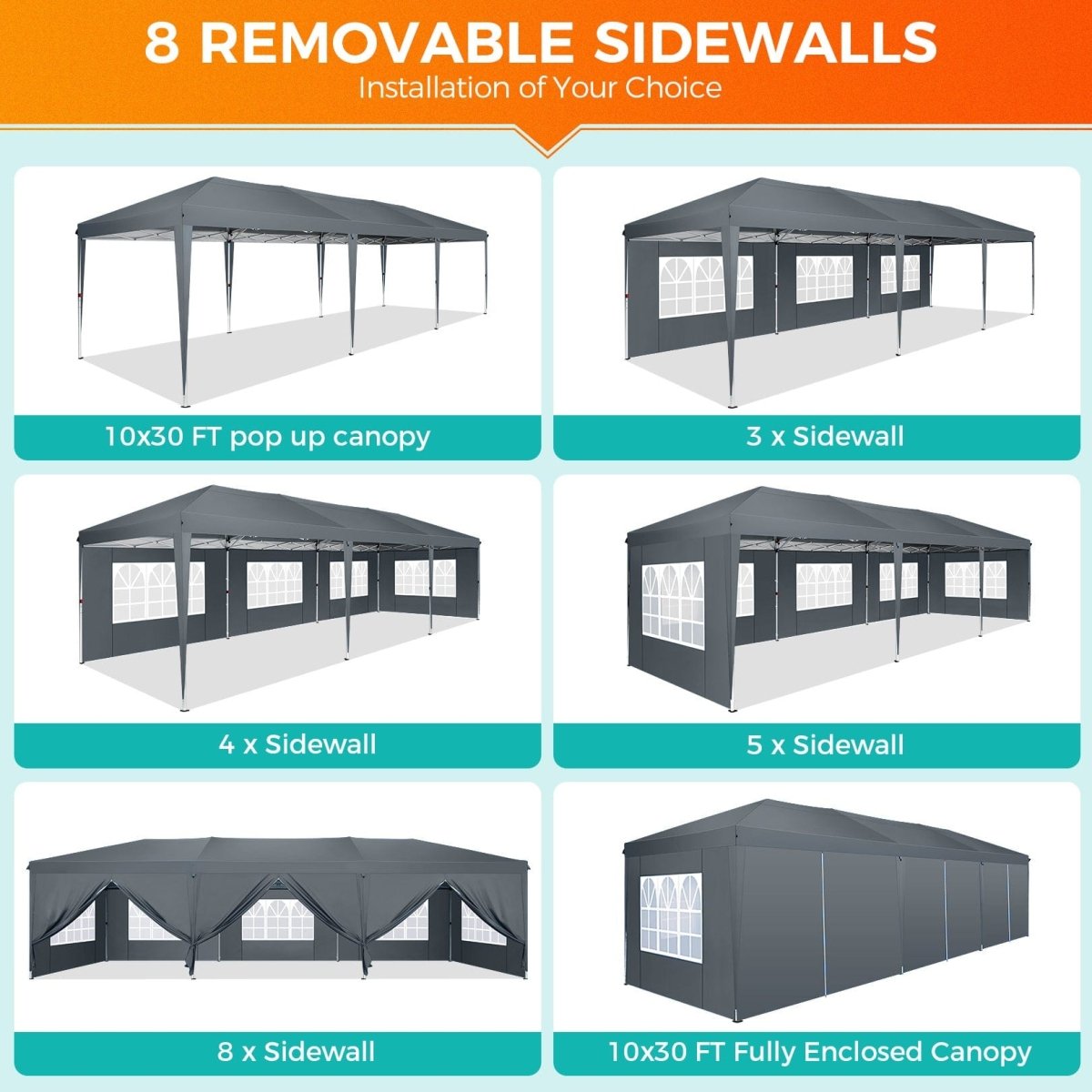 Hoteel 10x30Party Pop Up Canopy Tent, Removable Canopy Tent with 8 Side Walls, Waterproof Commercial Instant Shelter Tent for Weddings, Patio with Tote Bag and 4 Sandbags - SHOWLU FASHION STORE