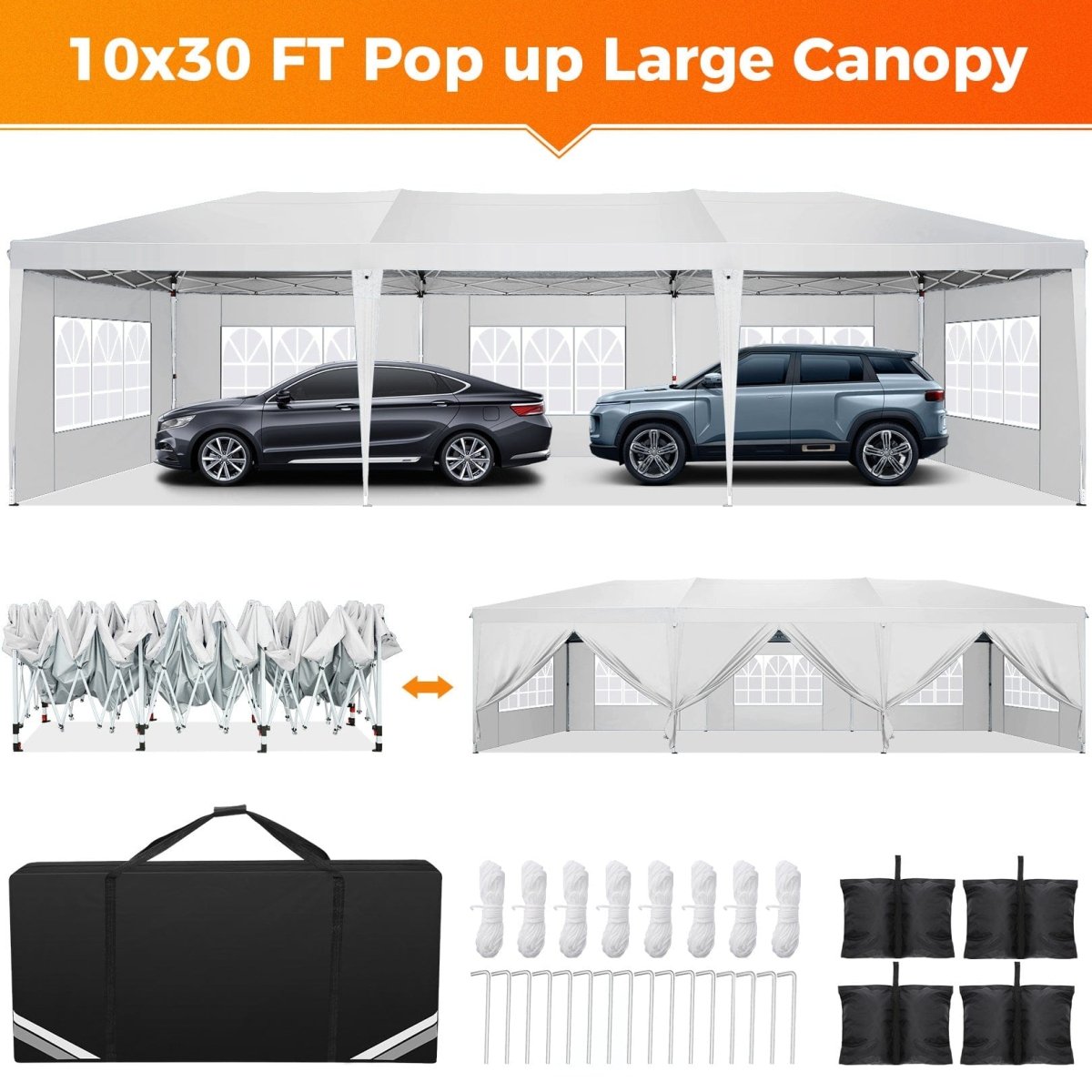 Hoteel 10x30Party Pop Up Canopy Tent, Removable Canopy Tent with 8 Side Walls, Waterproof Commercial Instant Shelter Tent for Weddings, Patio with Tote Bag and 4 Sandbags - SHOWLU FASHION STORE