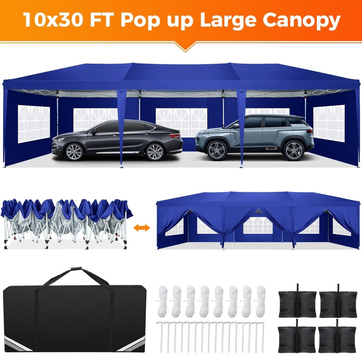 Hoteel 10x30Party Pop Up Canopy Tent, Removable Canopy Tent with 8 Side Walls, Waterproof Commercial Instant Shelter Tent for Weddings, Patio with Tote Bag and 4 Sandbags - SHOWLU FASHION STORE