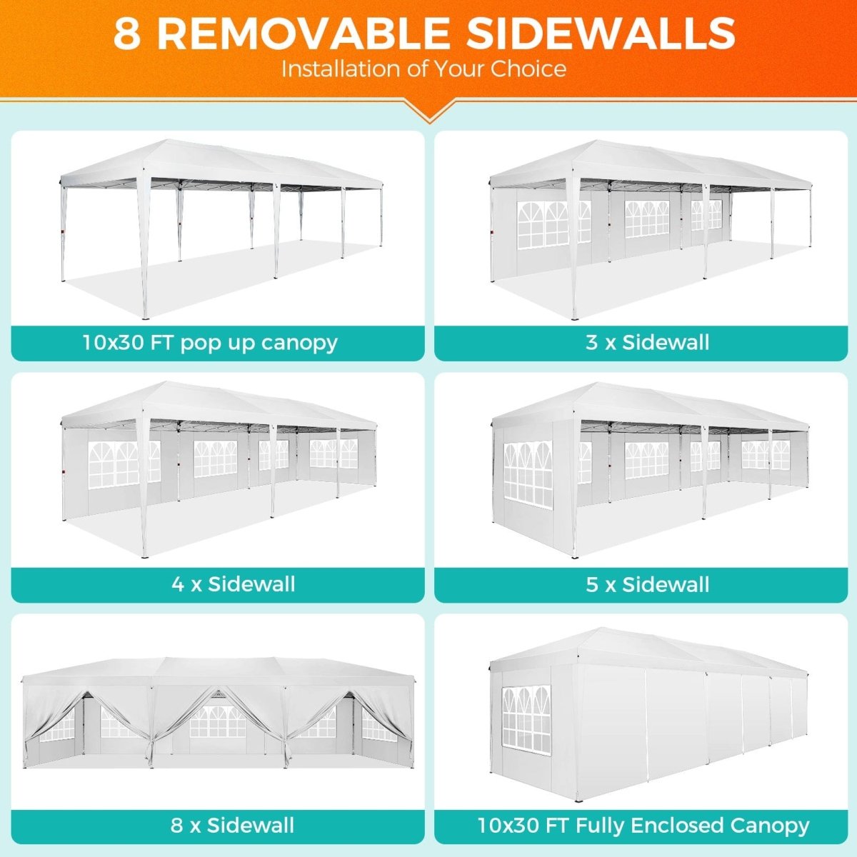 Hoteel 10x30Party Pop Up Canopy Tent, Removable Canopy Tent with 8 Side Walls, Waterproof Commercial Instant Shelter Tent for Weddings, Patio with Tote Bag and 4 Sandbags - SHOWLU FASHION STORE
