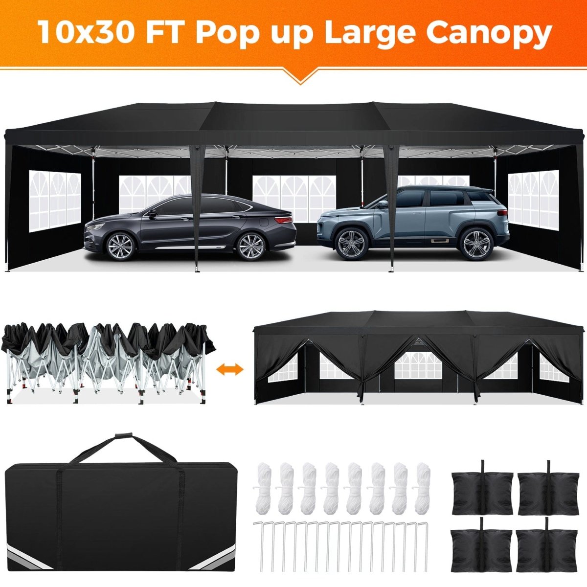 Hoteel 10x30Party Pop Up Canopy Tent, Removable Canopy Tent with 8 Side Walls, Waterproof Commercial Instant Shelter Tent for Weddings, Patio with Tote Bag and 4 Sandbags - SHOWLU FASHION STORE