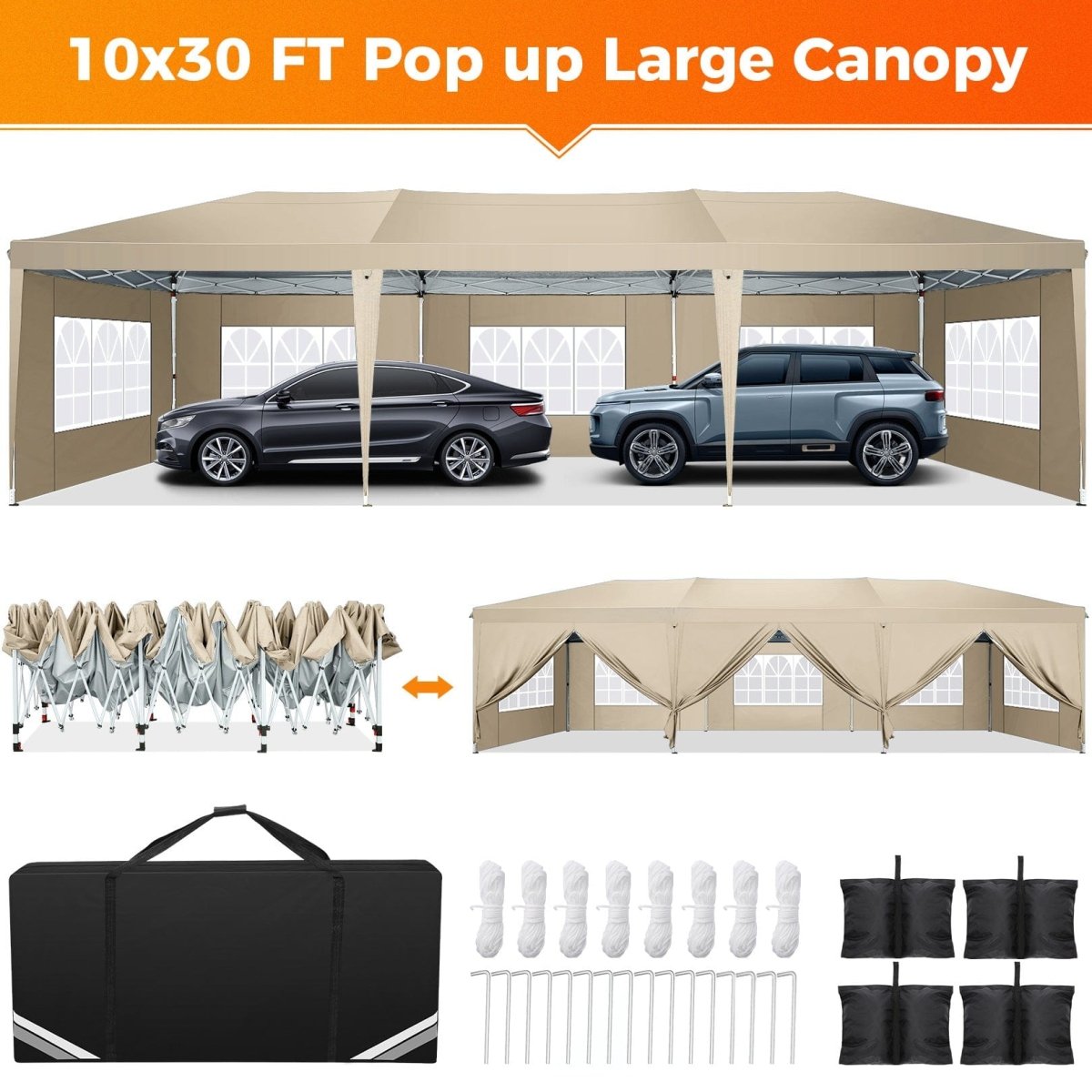 Hoteel 10x30Party Pop Up Canopy Tent, Removable Canopy Tent with 8 Side Walls, Waterproof Commercial Instant Shelter Tent for Weddings, Patio with Tote Bag and 4 Sandbags - SHOWLU FASHION STORE