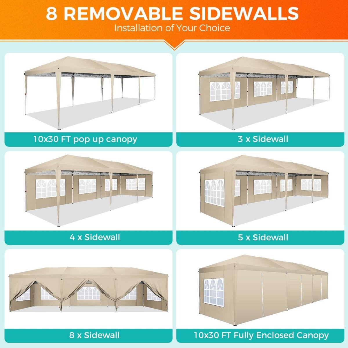 Hoteel 10x30Party Pop Up Canopy Tent, Removable Canopy Tent with 8 Side Walls, Waterproof Commercial Instant Shelter Tent for Weddings, Patio with Tote Bag and 4 Sandbags - SHOWLU FASHION STORE