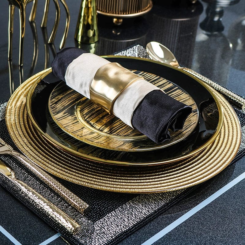 Hotel Table Setting Household Bone China Set Black Golden Edge Luxury Model Room Tableware Flat Plate Western Food/Steak Dinner Plate Dish - SHOWLU FASHION STORE