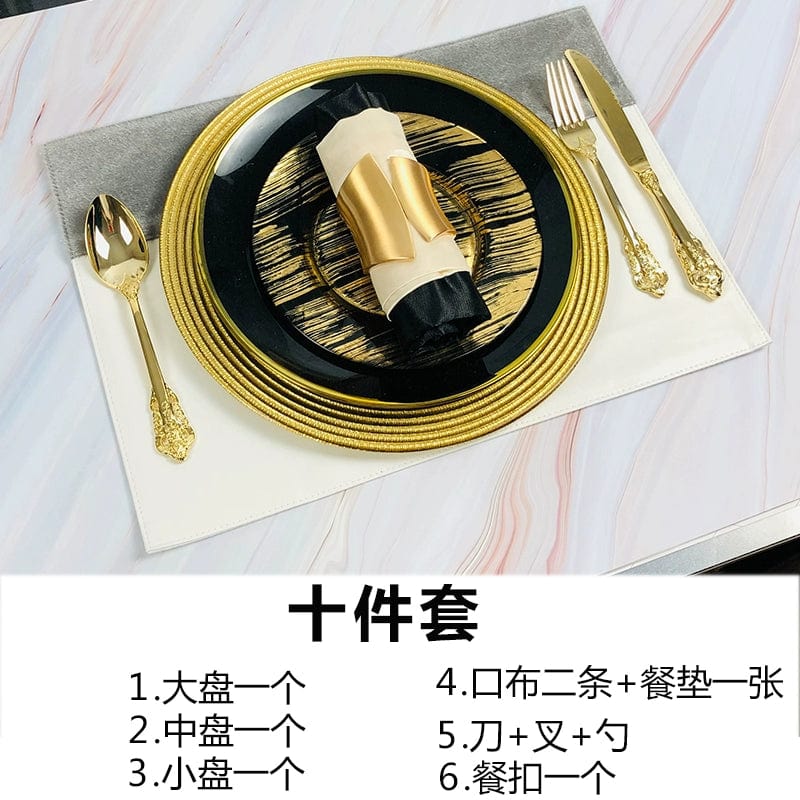 Hotel Table Setting Household Bone China Set Black Golden Edge Luxury Model Room Tableware Flat Plate Western Food/Steak Dinner Plate Dish - SHOWLU FASHION STORE