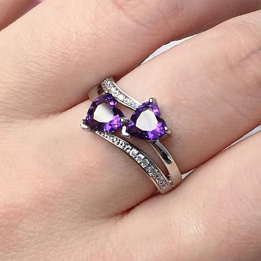 Huitan Stylish Female Rings Silver - plated Double Heart - Shaped Cubic Zircons Wedding Ring For Women Girls Nice Gift For Birthday - SHOWLU FASHION STORE