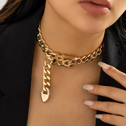 Ingemark Exaggerated Heavy Metal Belt Choker Necklace for Women Punk Thick Chunky Clavicle Chain Grunge Jewelry Steampunk Men - SHOWLU FASHION STORE
