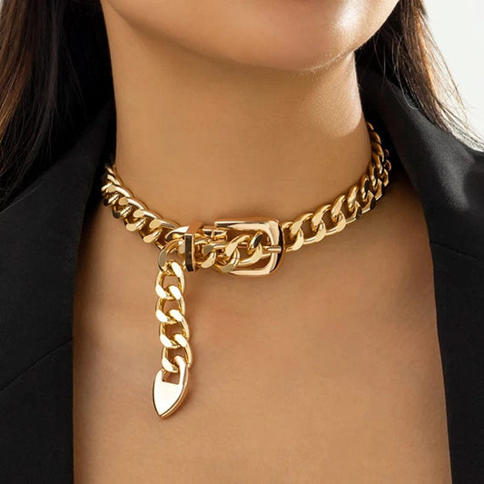 Ingemark Exaggerated Heavy Metal Belt Choker Necklace for Women Punk Thick Chunky Clavicle Chain Grunge Jewelry Steampunk Men - SHOWLU FASHION STORE