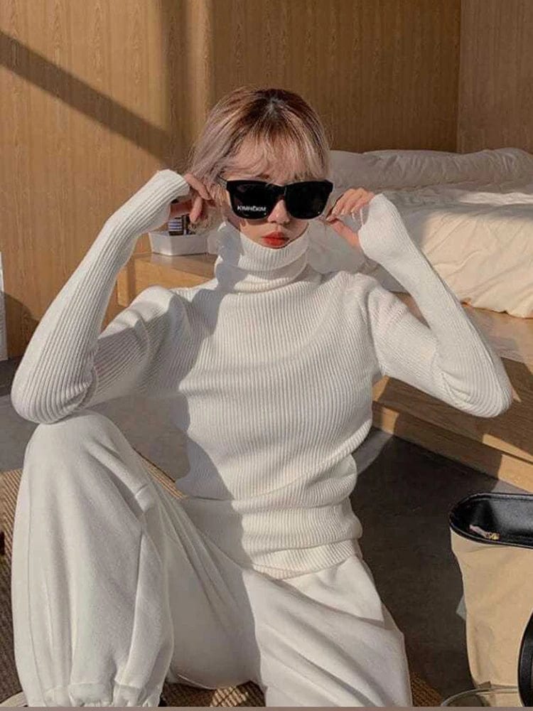 Knitted Sweater Women Korean Version Turtleneck Sweater Winter Solid Color Pullover Slimming Interior Lapping Warm Basic Tops - SHOWLU FASHION STORE