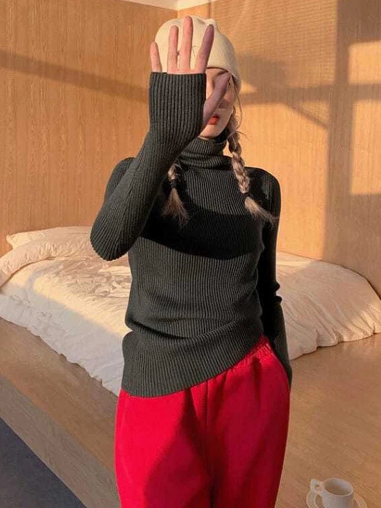 Knitted Sweater Women Korean Version Turtleneck Sweater Winter Solid Color Pullover Slimming Interior Lapping Warm Basic Tops - SHOWLU FASHION STORE