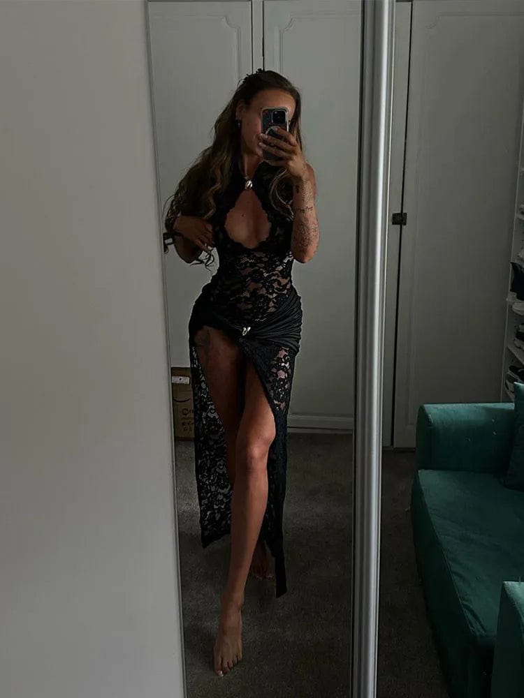 Lace Dresses For Women Fashion Sexy Elegant Solid Sleeveless Tank Hollow Out O - Neck High Side Split Slim Fit Long Vestidos Robes - SHOWLU FASHION STORE