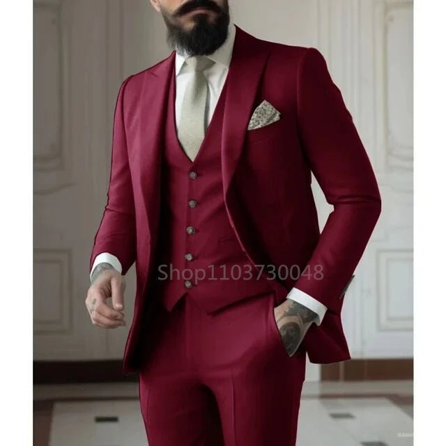 Latest Solid Formal Men's Suit Slim Fit Elegant Groom Tuxedos Wedding Business Party Suits 3 Pieces Sets (Jacket+Vest+Pants) - SHOWLU FASHION STORE