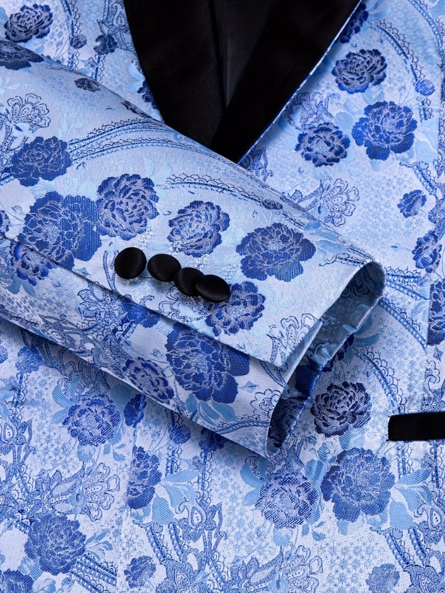 Light Blue Jacquard Button Blazer Shawl Lapel Suit Jacket for Wedding, Retro Style Polyester Blend, Fall/Winter Casual Jacket for Men, 1pc, Autumn Winter Wear | Vintage Aesthetic | Formal Fit Jacket - SHOWLU FASHION STORE