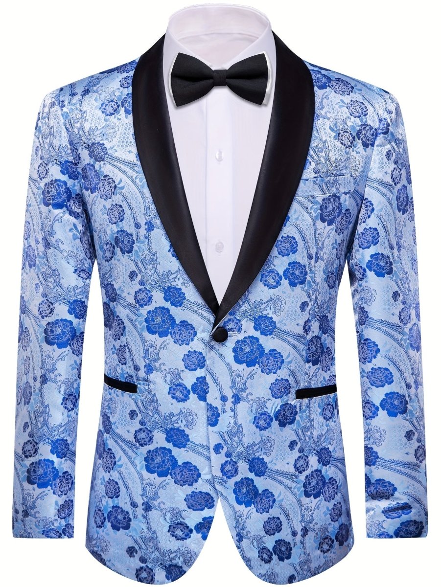Light Blue Jacquard Button Blazer Shawl Lapel Suit Jacket for Wedding, Retro Style Polyester Blend, Fall/Winter Casual Jacket for Men, 1pc, Autumn Winter Wear | Vintage Aesthetic | Formal Fit Jacket - SHOWLU FASHION STORE