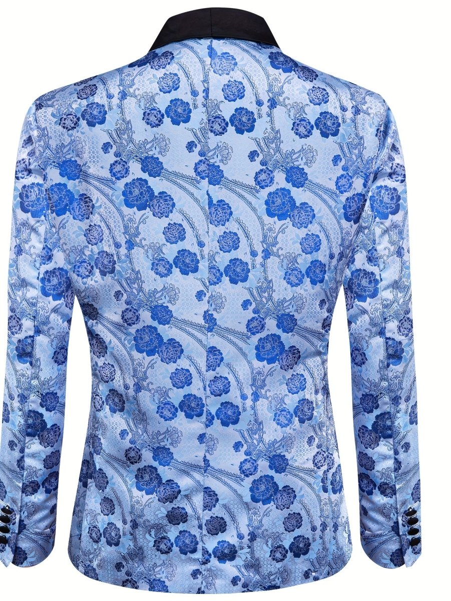 Light Blue Jacquard Button Blazer Shawl Lapel Suit Jacket for Wedding, Retro Style Polyester Blend, Fall/Winter Casual Jacket for Men, 1pc, Autumn Winter Wear | Vintage Aesthetic | Formal Fit Jacket - SHOWLU FASHION STORE