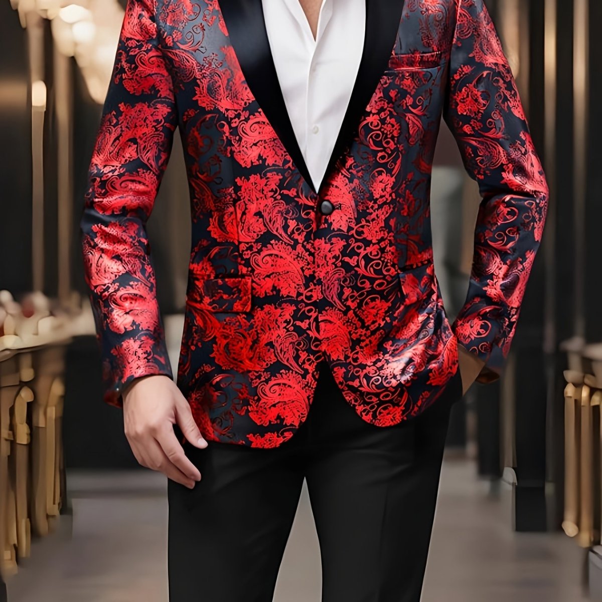 LINEZISEID Men's Fashion Blazer with Red Paisley Pattern - One Button, Lapel Collar, Casual Polyester Suit Jacket, 1200 Needles, Ideal for Weddings and Casual Attire - SHOWLU FASHION STORE