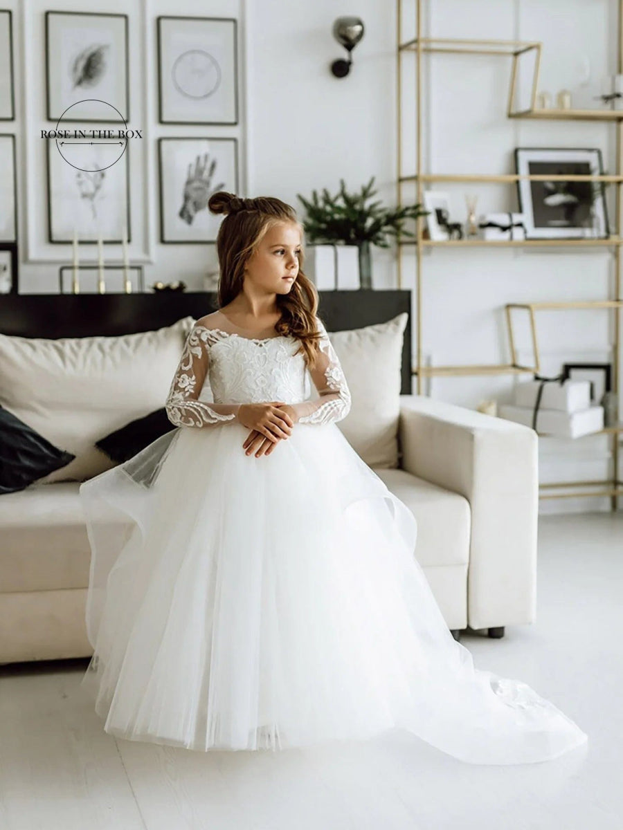 Long Sleeves Lace Princess Flower Girl Dresses 2022 Ball Gown Communion White Dresses For Little Girls Robe Mariage Enfant Fille - SHOWLU FASHION STORE