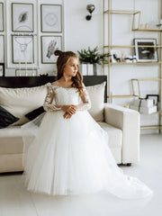 Long Sleeves Lace Princess Flower Girl Dresses 2022 Ball Gown Communion White Dresses For Little Girls Robe Mariage Enfant Fille - SHOWLU FASHION STORE