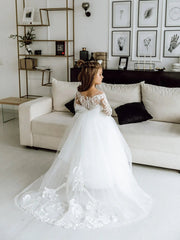 Long Sleeves Lace Princess Flower Girl Dresses 2022 Ball Gown Communion White Dresses For Little Girls Robe Mariage Enfant Fille - SHOWLU FASHION STORE