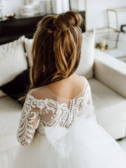 Long Sleeves Lace Princess Flower Girl Dresses 2022 Ball Gown Communion White Dresses For Little Girls Robe Mariage Enfant Fille - SHOWLU FASHION STORE
