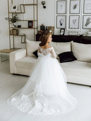 Long Sleeves Lace Princess Flower Girl Dresses 2022 Ball Gown Communion White Dresses For Little Girls Robe Mariage Enfant Fille - SHOWLU FASHION STORE