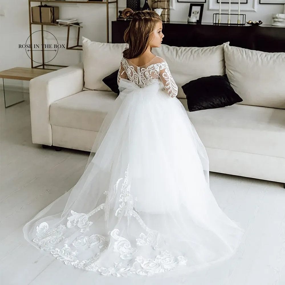 Long Sleeves Lace Princess Flower Girl Dresses 2022 Ball Gown Communion White Dresses For Little Girls Robe Mariage Enfant Fille - SHOWLU FASHION STORE