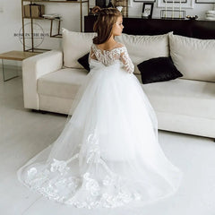 Long Sleeves Lace Princess Flower Girl Dresses 2022 Ball Gown Communion White Dresses For Little Girls Robe Mariage Enfant Fille - SHOWLU FASHION STORE