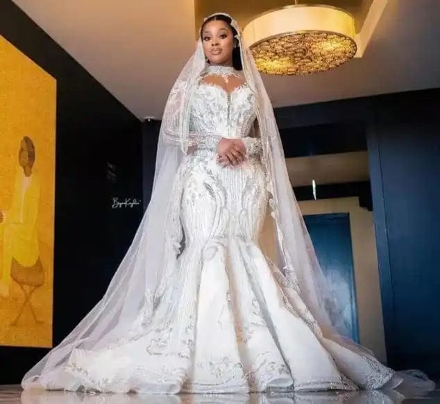 long tail mid - length oblique satin high quality mermaid tail shoulder v - neck wedding dresses - SHOWLU FASHION STORE