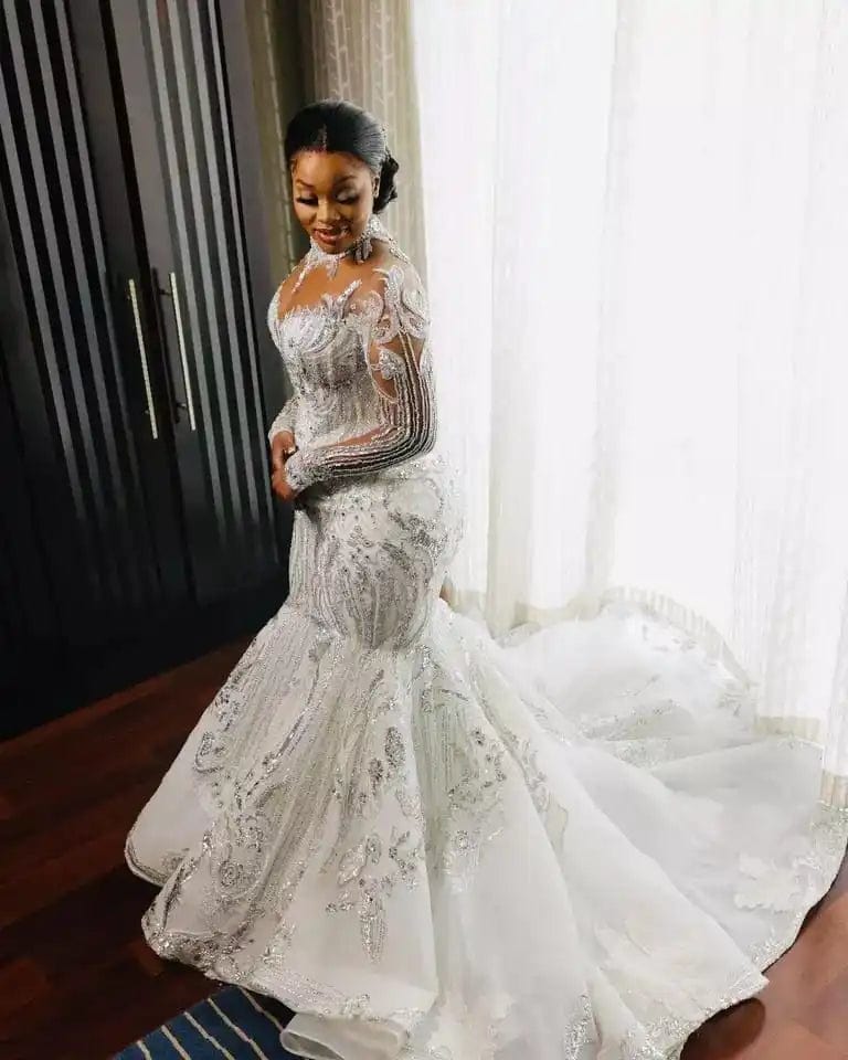 long tail mid - length oblique satin high quality mermaid tail shoulder v - neck wedding dresses - SHOWLU FASHION STORE