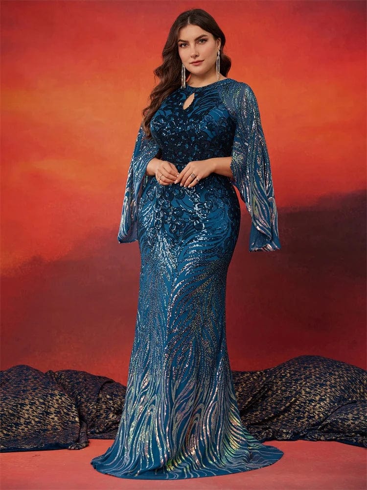 Lucyinlove Plus Size Elegant Long Sleeves Sequins Blue Evening Dress Women Luxury Formal Floor LenghtParty Prom Cocktail Gowns - SHOWLU FASHION STORE
