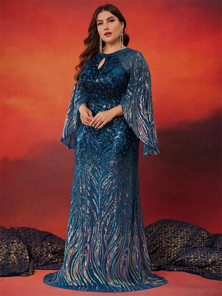 Lucyinlove Plus Size Elegant Long Sleeves Sequins Blue Evening Dress Women Luxury Formal Floor LenghtParty Prom Cocktail Gowns - SHOWLU FASHION STORE