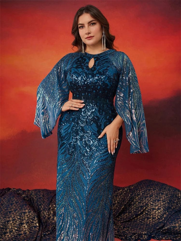 Lucyinlove Plus Size Elegant Long Sleeves Sequins Blue Evening Dress Women Luxury Formal Floor LenghtParty Prom Cocktail Gowns - SHOWLU FASHION STORE