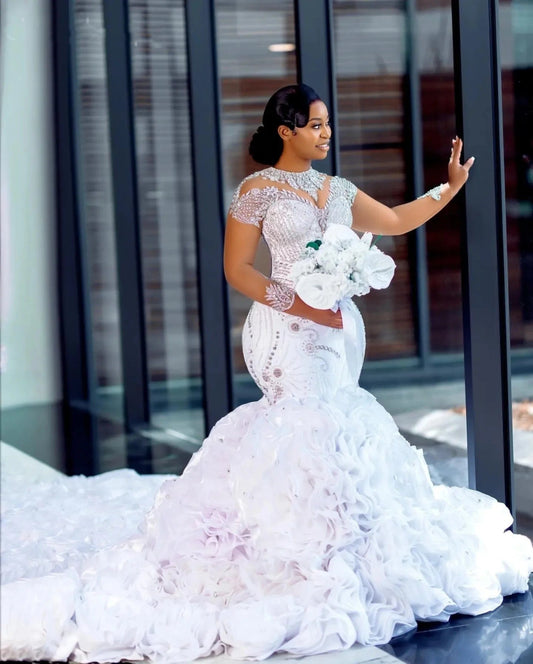 Luxurious Long SleevesHeavy Crystals Bead Mermaid Wedding Dress for Bride Marriage Organza Tiered African Aso Ebi Bridal Gown - SHOWLU FASHION STORE