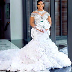 Luxurious Long SleevesHeavy Crystals Bead Mermaid Wedding Dress for Bride Marriage Organza Tiered African Aso Ebi Bridal Gown - SHOWLU FASHION STORE