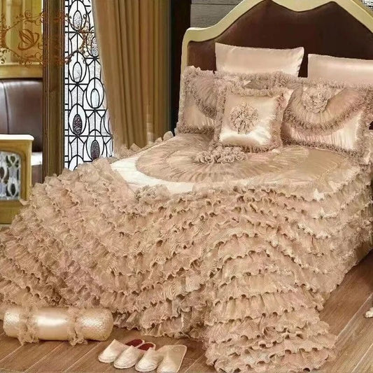 Luxury Champagne Wedding Style Jacquard Stereoscopic Lace Bedspread Bed skirt Bed Shett Coverlet Bed Cover Set Pillowcases - SHOWLU FASHION STORE