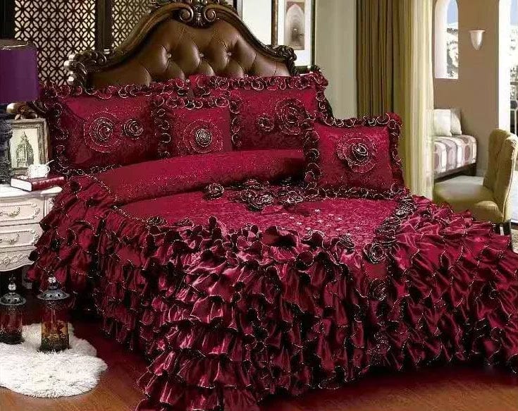 Luxury Champagne Wedding Style Jacquard Stereoscopic Lace Bedspread Bed skirt Bed Shett Coverlet Bed Cover Set Pillowcases - SHOWLU FASHION STORE