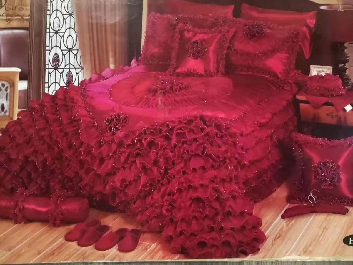 Luxury Champagne Wedding Style Jacquard Stereoscopic Lace Bedspread Bed skirt Bed Shett Coverlet Bed Cover Set Pillowcases - SHOWLU FASHION STORE