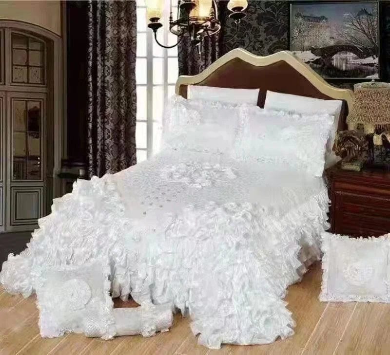 Luxury Champagne Wedding Style Jacquard Stereoscopic Lace Bedspread Bed skirt Bed Shett Coverlet Bed Cover Set Pillowcases - SHOWLU FASHION STORE