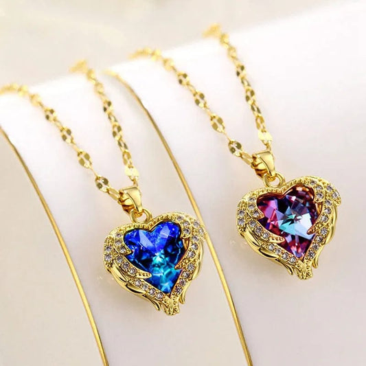 Luxury Colorful Crystal Ocean Heart Pendant Necklace For Women Korean Fashion Stainless Steel Neck Chain Female Wedding Jewelry - SHOWLU FASHION STORE