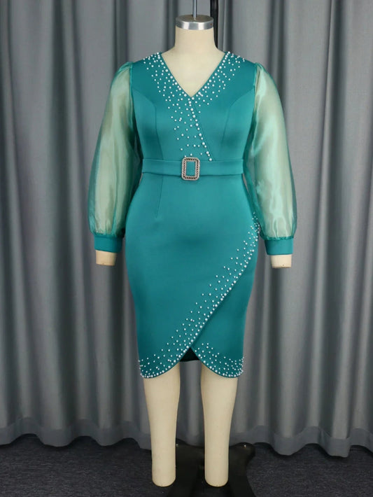 Luxury Evening Dress V - neck Bead Belt Mesh Lantern Long Sleeve Sexy Women's Party Classy Office Ladies Wedding Guest Gowns - SHOWLU FASHION STORE