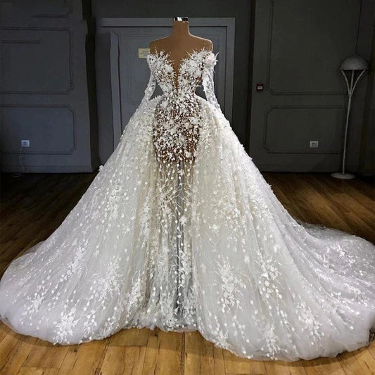 Luxury High End Arab Bride Ladies Wedding Party Beach Wedding Dubai Sweeping Train Long Sleeve Shiny Vestido De Novia 2023 - SHOWLU FASHION STORE