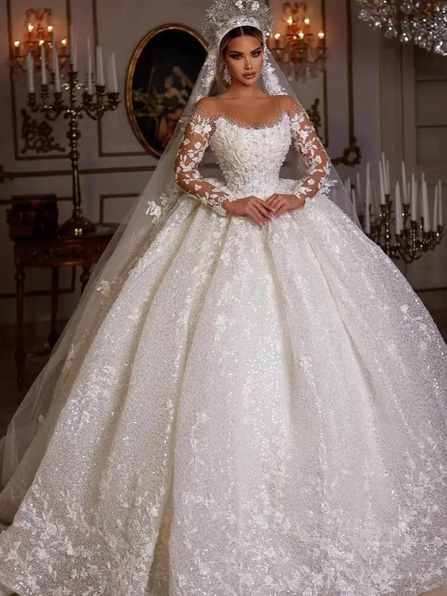 Luxury Lace Dubai Wedding Dresses Long Sleeves Sequins Beads Sheer Neck Appliques Glitter Tulle Bride Gowns Vestido de Noiva - SHOWLU FASHION STORE