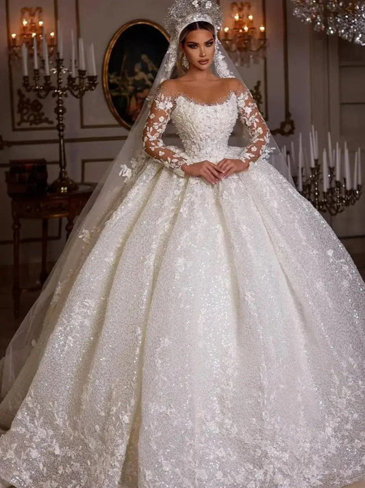 Luxury Lace Dubai Wedding Dresses Long Sleeves Sequins Beads Sheer Neck Appliques Glitter Tulle Bride Gowns Vestido de Noiva - SHOWLU FASHION STORE